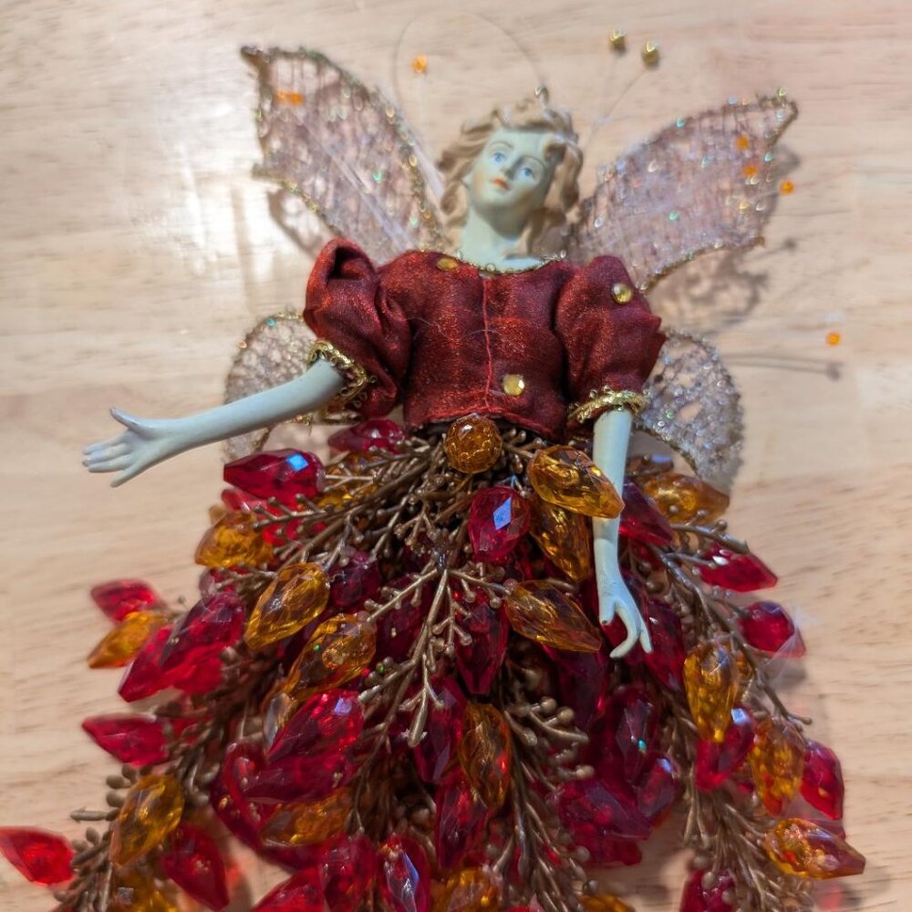 Vintage Fairy Christmas Ornament With Red & Gold Beads - 8 Inch *SALE*